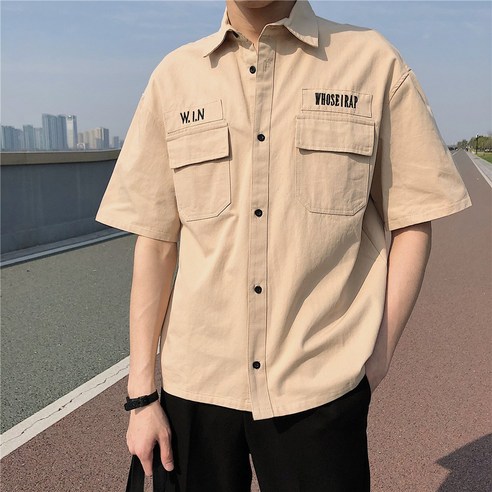 KORELAN 봄 여름 작업복 외투 남성 한국어 버전 헐렁하다 멋있다 ins 셔츠 유행 브랜드 bf 반팔 셔츠