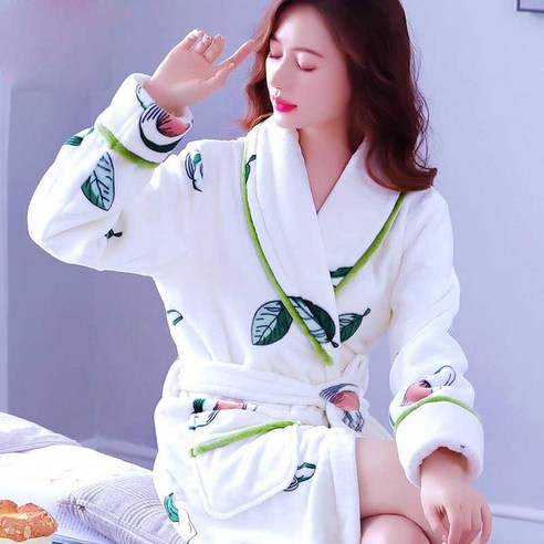 [SW] 여성 가운 겨울용 따뜻한 코랄 플리스 나이트 드레스 잠옷 여성 잠옷 홈 의류 꽃무늬 드레싱 그론 기모노 호텔 목욕 가운, M(160cm), white