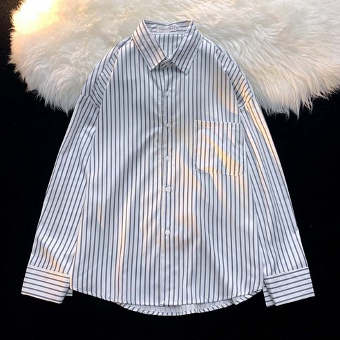 DFMEI 봄과 가을 가벼운 친숙한 스타일의 스트라이프 셔츠 남성과 여성 긴팔 Ins 홍콩 스타일 커플 셔츠 트렌드 캐주얼 재킷