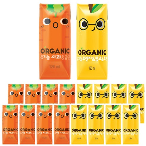 롯데칠성음료 오가닉 유기농주스 사과 오렌지 8개씩 125ml x 16팩, 16