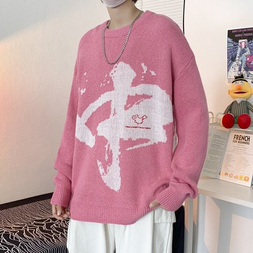smy가을 겨울 국가 조수 라운드 넥 스웨터 남자 게으른 느슨한 캐주얼 스웨터 Ins 패션 브랜드 패션 기본 스웨터