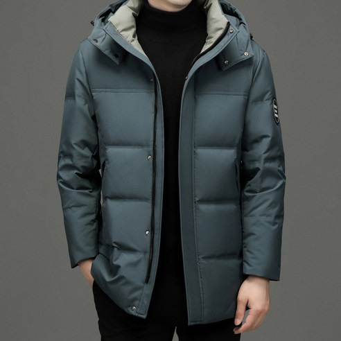 프리미엄 화이트 구스다운 남성 후드 도톰 기모 패딩 하프 기장 남성 슬림 코트