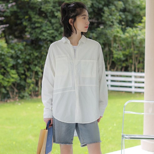 DFMEI 일본 계열의 베이직한 화이트 긴팔 블라우스 아우터여성의 가을 신상품 루즈한 어디에나 걸치기 좋은 미들 롱 캐주얼 셔츠입니다