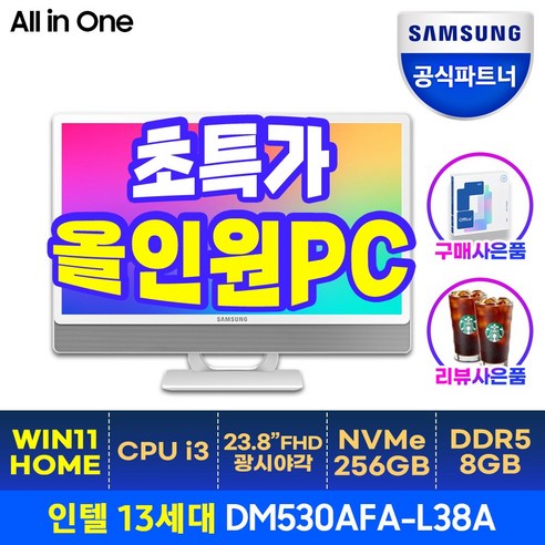 삼성 올인원PC DM530ADA-L38A 일체형 컴퓨터 24인치 롤 메이플 사무용 가정용 게임 데스크탑, 화이트 8GB SSD 256GB, 8GB