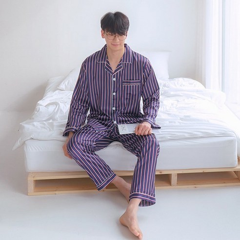 말랑마쥬 커플 레드라인 스트라이프 실크 잠옷세트