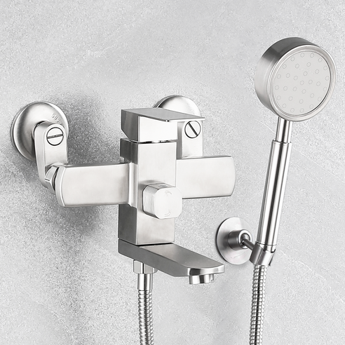 스테인리스 샤워기 수전 욕조 욕실 샤워수전 무광 벽붙이 샤워세트 스텐, 1세트, 무광 스테인리스