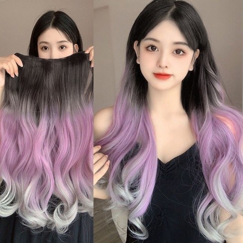 가발위드 옴브레 투톤 웨이브 붙임머리 브릿 포인트 시니온 가발, 1개, 블랙 퍼플그레이