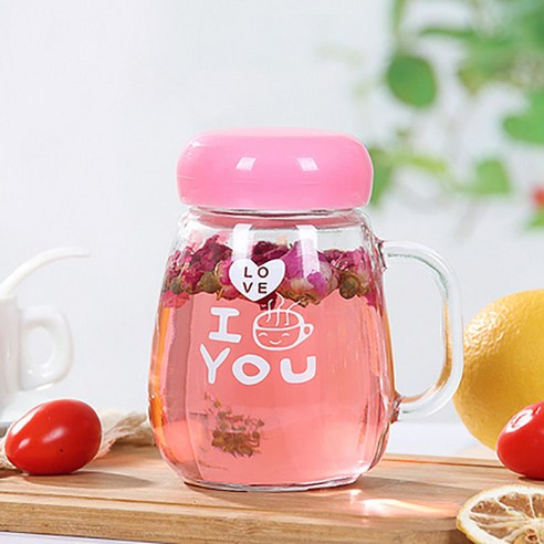 [손해 보상] 유리 컵 사무실 향기로운 차 컵 남성과 여성의 가정용 차 컵 380Ml 물 컵, 핑크 싱글 [차 누출 무료]_컵 + 러브 스푼