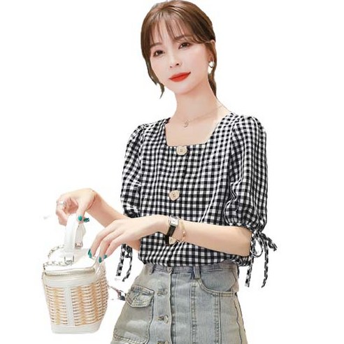 퀸하우스 체크무늬 소매리본 블라우스
