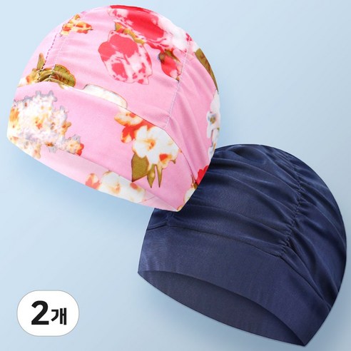 수영모모자 주름 스판 수모 아쿠아로빅수영모, 핑크플라워+네이비, 2개