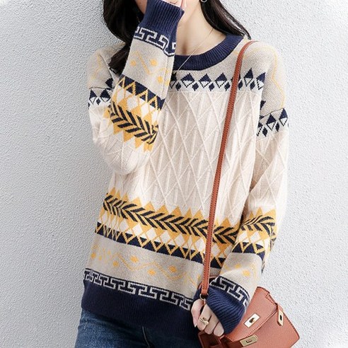 여성 캐주얼 아가일 데일리 배색 니트티