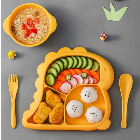 에스리빙 천연 밀 소재 어린이 유아 아기 공룡 유아 식기 세트 어린이집 유치원 가정용, 식판+국그릇+숟가락+포크, 옐로우