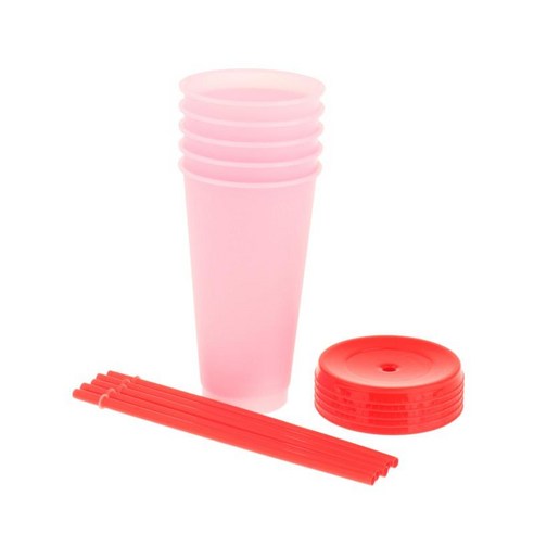 빨대와 뚜껑이 있는 텀블러 물병 스 커피 여행 머그 컵 재사용 가능한 플라스틱 컵 파티에 적합 생일-5 팩, 분홍, 6.81x3.85x2.36 인치