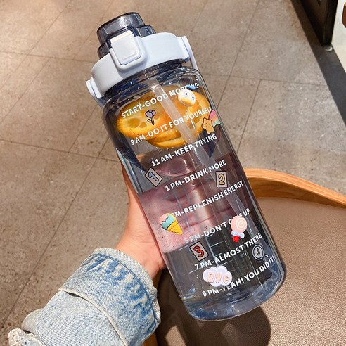 [SW] 2L 대용량 물병 밀짚 컵 고온 플라스틱 물 컵 시간 규모 서리로 덥은 야외 스포츠 커플 컵, 색깔15, 2L   64OZ
