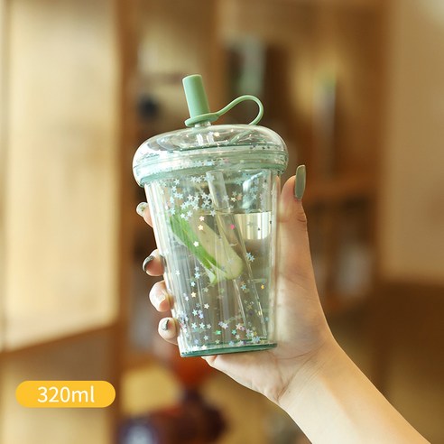 이중 단열 플라스틱 컵 휴대용 누출 방지 운동 물컵 사탕색 도넛 빨대 컵, 군용 녹색, 420ML