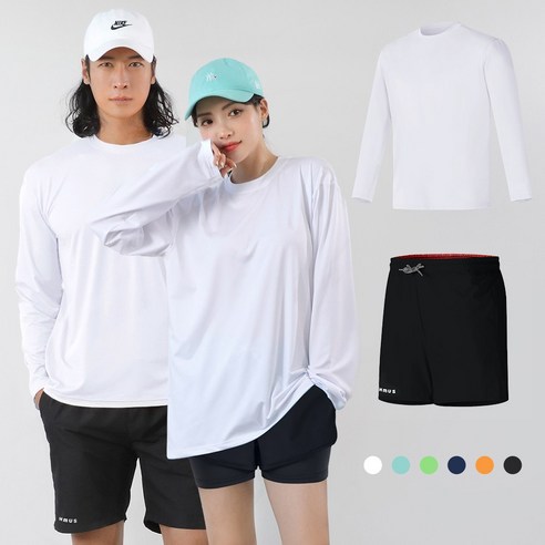 (6컬러) 남자 여성 오버핏 무지 래쉬가드 긴팔 상의 + 하의 팬츠 세트