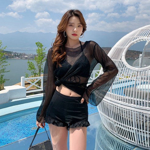 베베로사 시스루 티셔츠 3pcs 세트 비키니 모노키니 수영복 비치웨어 호캉스, 블랙