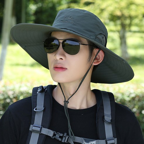【등산모】봄 여름 하이 엔드 큰 가장자리 어부 모자 남자 썬 자외선 방지 빠른 건조 분지 모자 야외 등산 모자 방수, 녹색