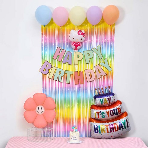 [피앤비유니티]스마일데이지 풍선스탠드 생일장식커튼세트 펌프포함, 1세트, 11)헬로우키티기본형 마카롱커튼세트