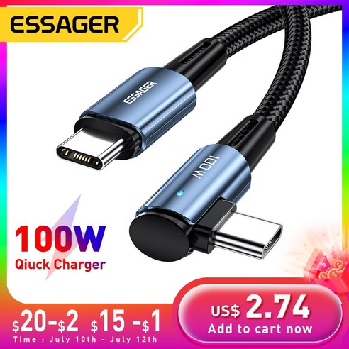 Essager 100W USB 타입 C To USB C 케이블 90 도 각도 아이패드 맥북 프로 샤오미 삼성 화웨이 고속 충전 c타입 데이터 와이어, 03. Black 100W Cable, 02. 2m, 1개