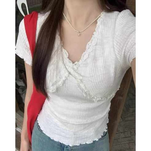 야오야오 여성용 골지 크롭 프릴 레이스 물결 반팔 니트
