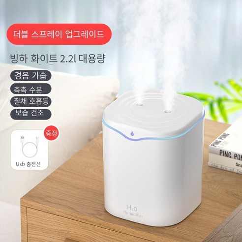 현채 물방울 가습기 usb 데스크톱 실내 공기 안개화 가습기 가정용 정음 대분무 가습기, 2.2l 더블 스프레이 화이트