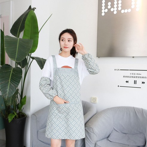 DFMEI 더블 앞치마 밀크티 숍 멜빵 주방 방모녀 앞치마, 바게트 민소매 앞치마그린+라글란