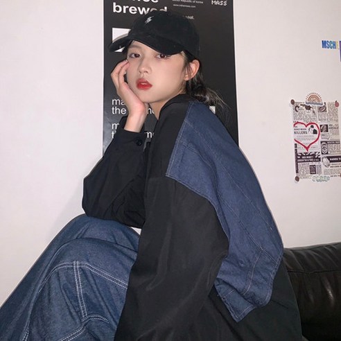 데님 스티치 긴팔 느슨한 셔츠 여성 가을 새로운 싱글 브레스트 가짜 투피스 재킷