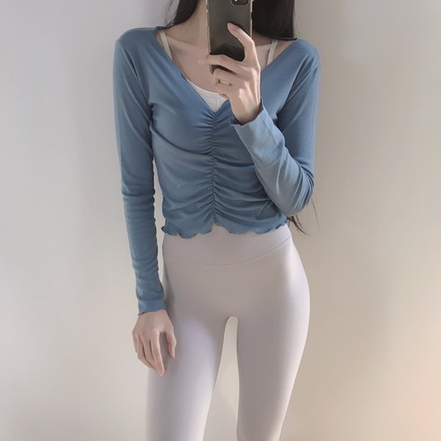 프릴 셔링 크롭 긴팔 요가 필라테스 상의 여자운동복 요가복 필라테스복
