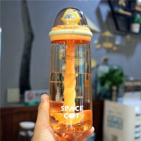【휴대용 물병】귀여운 대용량 믹서컵 남녀 휴대용 빨대컵 비닐컵 커피잔 만화, Orange-580Ml
