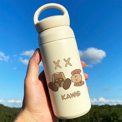 【DF】세서미 스트리트 휴대용 보온병 컵 kaws 패션 브랜드 ins 커플 컵 맞춤 만화 유럽과 미국 진공 컵, 색깔1, 350ml 핸들 컵