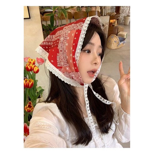 코튼 레이스 두건 스카프 여름 헤어 커치프 니트 면 반다나 삼각 쁘띠