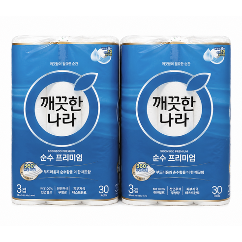 깨끗한나라 순수 프리미엄 더 퍼스트 천연펄프 3겹 고급롤화장지, 30개입, 2개