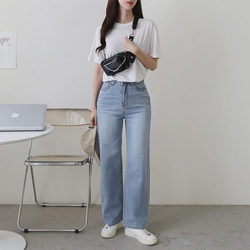 옷자락 여자 일자핏 와이드 연청 데님 데일리 캐주얼 바지