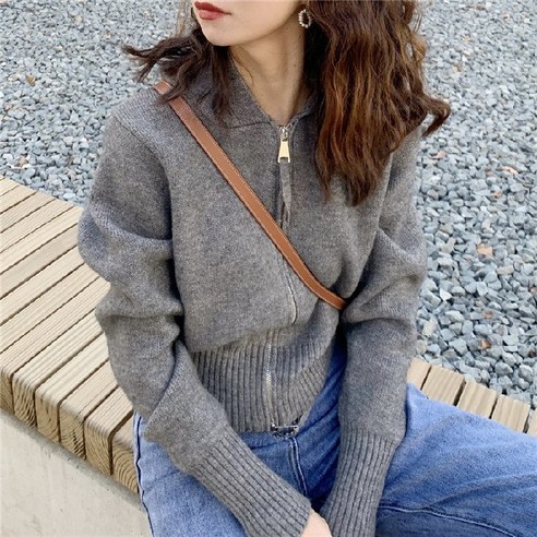 Mao지퍼 후드 니트 카디건 코트 가을 겨울 새로운 한국어 스타일 디자인 감각 느슨한 서양식 겉옷 스웨터