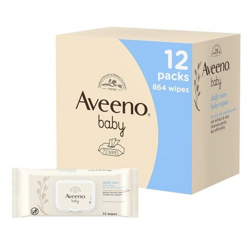 AVEENO Baby 데일리 케어 물티슈 – 부드럽고 효율적으로 세척 아기 필수품 72장 각 팩에 뚜껑 12개 팩 총 864장 111042 av미약