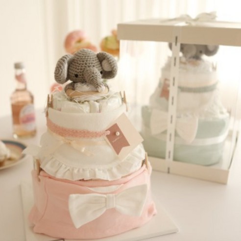 주식회사 앙앙 코끼리 기저귀케이크 2단 (바디슈트+순면턱받이+우드뜨개딸랑이), 돌선물
