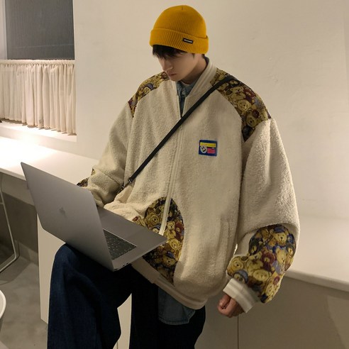 폴라 플리스 야구 의류 남자 겨울 두꺼운 하이 스트리트 재킷 가을 겨울 한국어 스타일 유행 고급 자켓