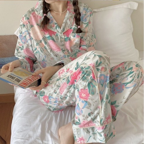 코리 꽃무늬 플라워 실크 여성 긴팔 잠옷 세트 파자마 홈웨어