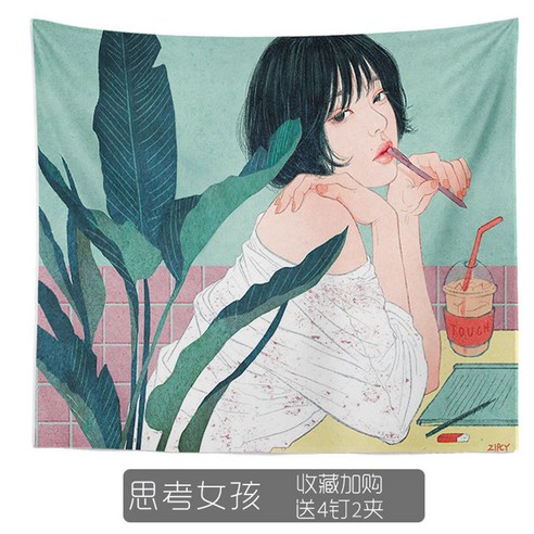 DIRUN 배경 패브릭 침실 배경 벽 손그림 ins 조류 배경 천 걸개 침대 머리 그물 빨간 방 배치 벽걸이 담요 기숙사 임대 주택 개조 벽보 그림, 싱그러운 소녀 선물 꾸러미