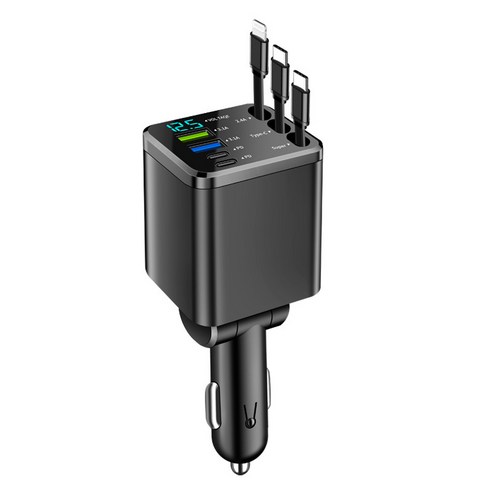 Allilio 차량용 초고속 충전기 릴타입 7in1 C타입+애플 동시 충전 120W 신축 케이블 USB 차량용 충전 어댑터, 블랙, 1개