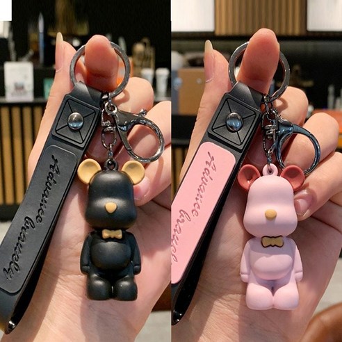 올리브파티 곰돌이 심플 베어 키링 열쇠고리, 블랙+핑크, 1세트