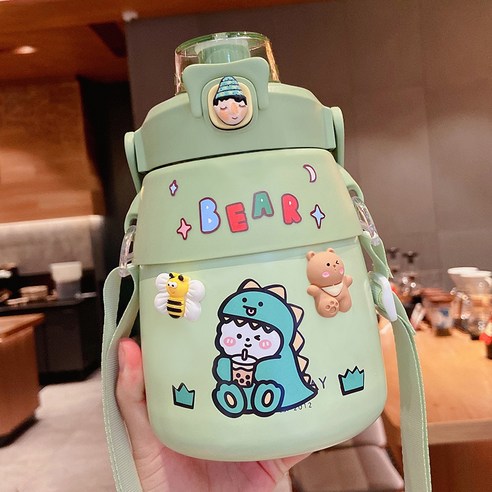 대배 보온컵 대용량 귀엽다 빨대 여사 고안치 물컵 900ml 휴대용, 그린+랜덤 스티커+랜덤 액세서리