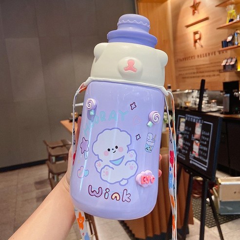 DFMEI 텀블러 여성 하이퍼 주전자 아웃도어 선녀컵 그물컵, 보라색 + 스티커 + 액세서리 + 컵 밧줄