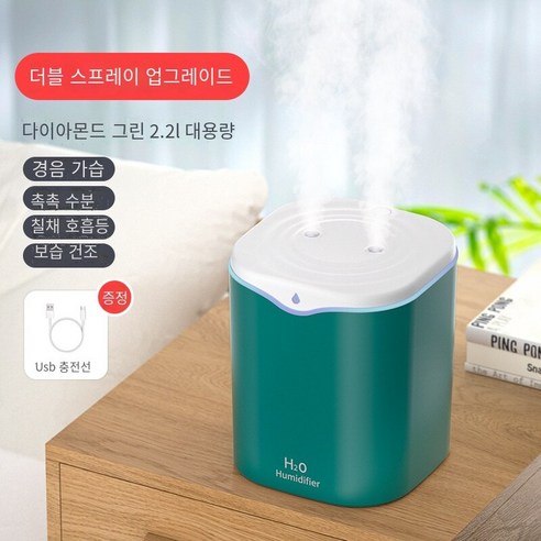 현채 물방울 가습기 usb 데스크톱 실내 공기 안개화 가습기 가정용 정음 대분무 가습기, 2.2l 더블 스프레이【녹색】
