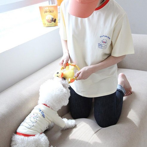 유앤펫 강아지옷 썸머 타임 일러스트 티셔츠 중형견 대형견 옷, 아이보리