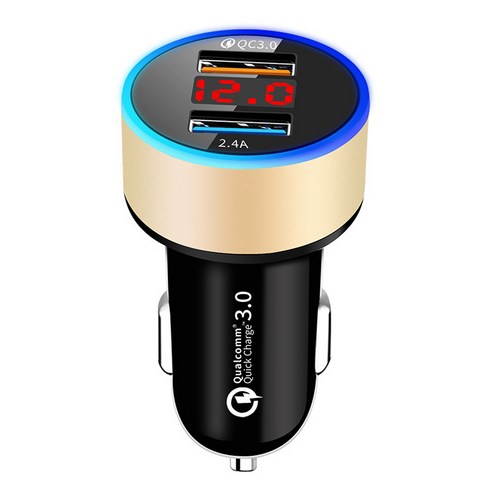 듀얼 USB2.4A 자동차 충전기 QC3.0 지능형 디지털 디스플레이 빠른 충전 실시간 전압 디스플레이, 골드 OPP 가방