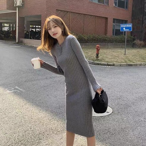 니트 V-넥 드레스 여성용 긴 스웨터 드레스