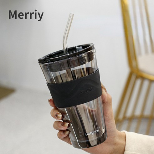 Merriy 투명유리컵ins 스타일+컵뚜껑+빨대+보호커버, 한 개, 클리어 그레이