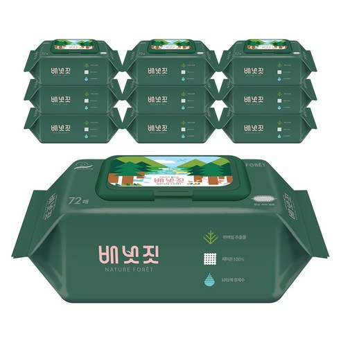 배냇짓 네이처 포레 아기물티슈 캡형 75gsm, 72매입, 10개
